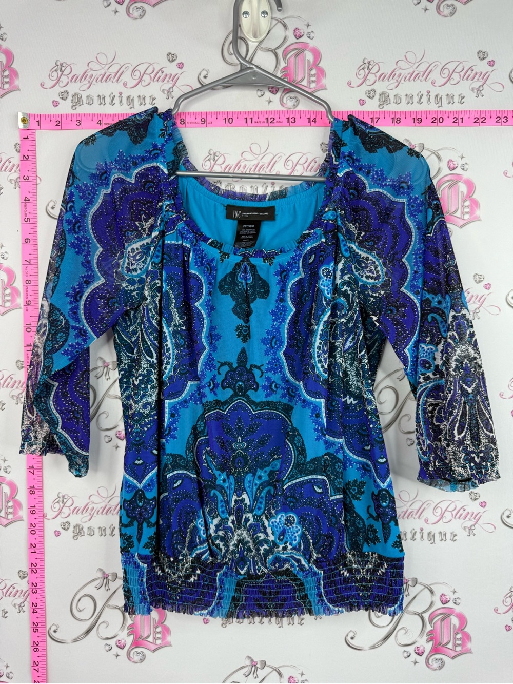 INC International Concepts shirt Blue & Purple Paisley Peasant Blouse